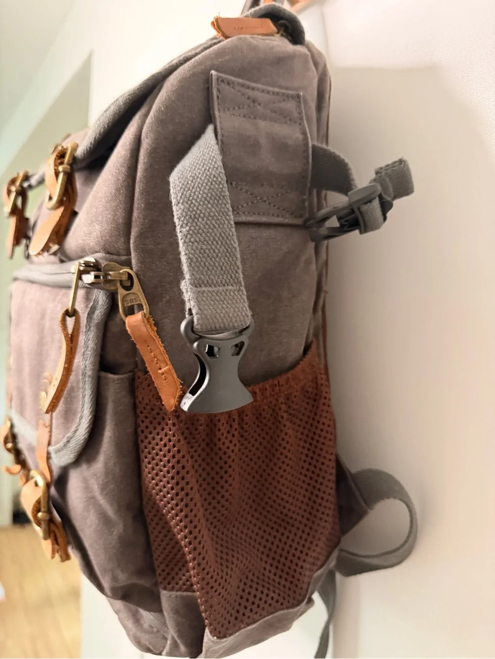 Canvas Camera Backpack for Men - Gray with Tan Accents